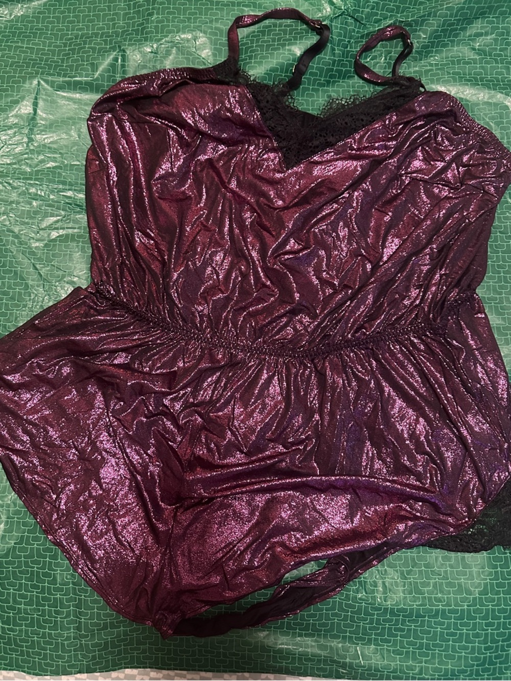 Cacique Shimmer Lace-Detail Purple Cami Romper